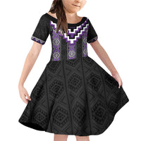 Purple Taniko Pattern Aotearoa Family Matching Off Shoulder Short Dress and Hawaiian Shirt Niho Taniwha Mix Poutama LT14 Daughter's Dress Purple - Polynesian Pride