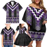 Purple Taniko Pattern Aotearoa Family Matching Off Shoulder Short Dress and Hawaiian Shirt Niho Taniwha Mix Poutama LT14 - Polynesian Pride