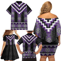 Purple Taniko Pattern Aotearoa Family Matching Off Shoulder Short Dress and Hawaiian Shirt Niho Taniwha Mix Poutama LT14 - Polynesian Pride