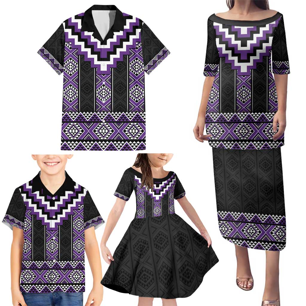 Purple Taniko Pattern Aotearoa Family Matching Puletasi and Hawaiian Shirt Niho Taniwha Mix Poutama LT14 - Polynesian Pride