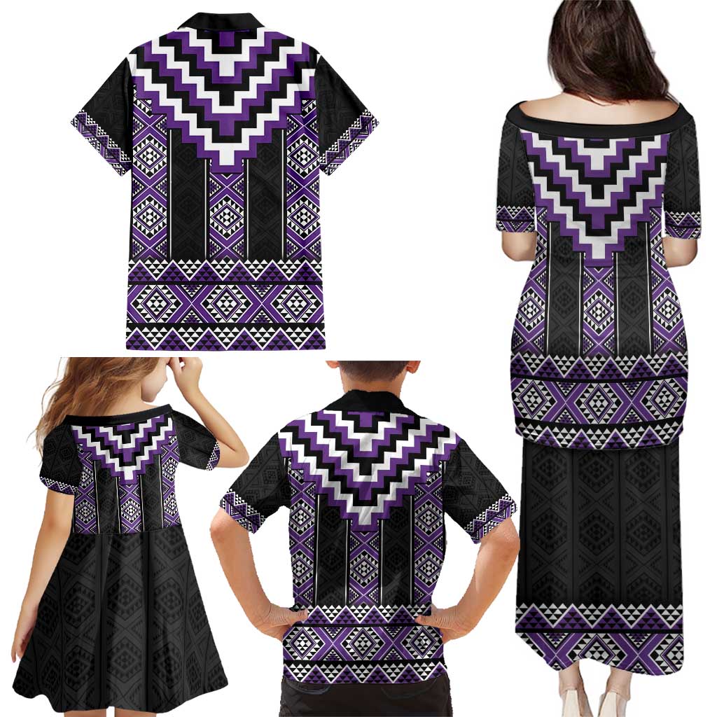 Purple Taniko Pattern Aotearoa Family Matching Puletasi and Hawaiian Shirt Niho Taniwha Mix Poutama LT14 - Polynesian Pride