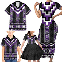 Purple Taniko Pattern Aotearoa Family Matching Short Sleeve Bodycon Dress and Hawaiian Shirt Niho Taniwha Mix Poutama LT14 - Polynesian Pride