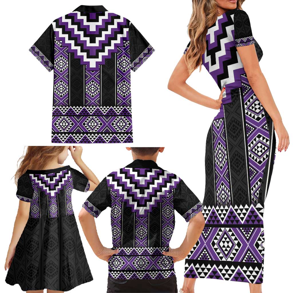 Purple Taniko Pattern Aotearoa Family Matching Short Sleeve Bodycon Dress and Hawaiian Shirt Niho Taniwha Mix Poutama LT14 - Polynesian Pride