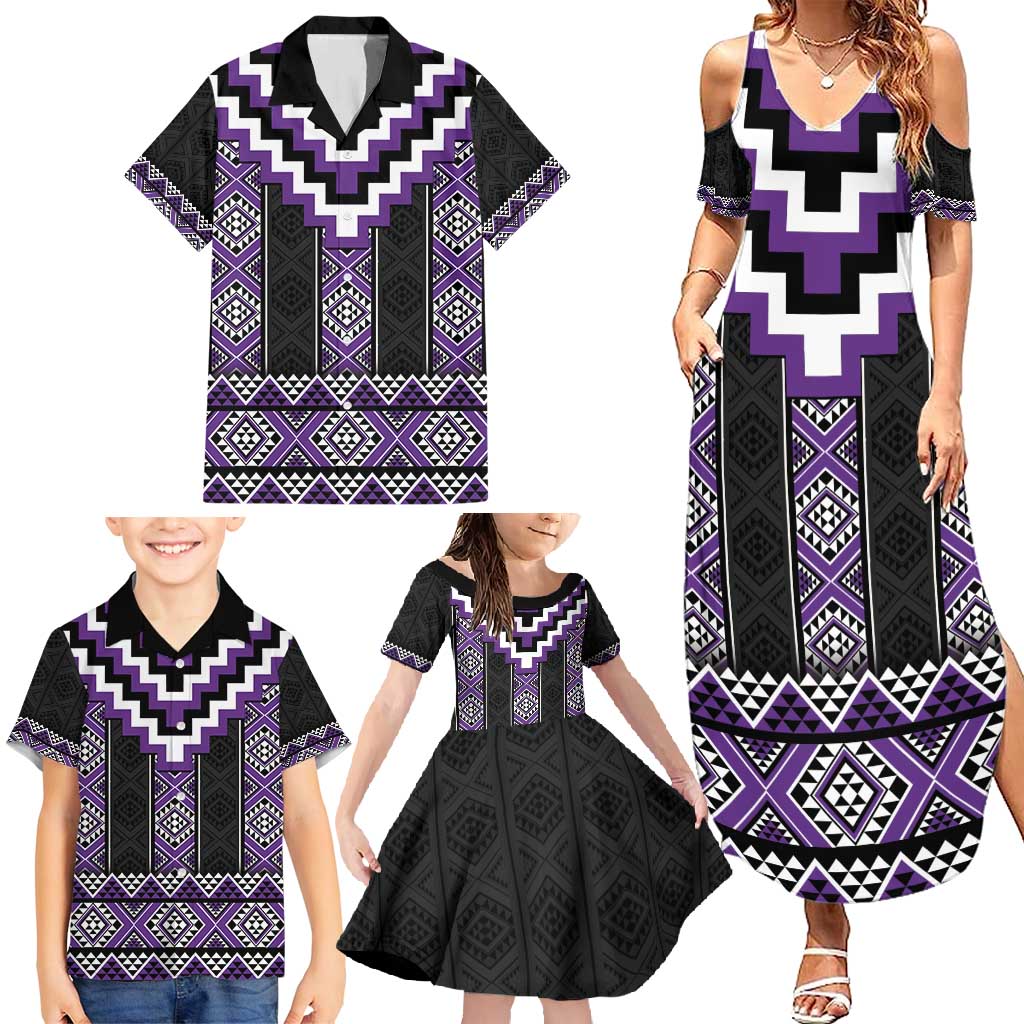 Purple Taniko Pattern Aotearoa Family Matching Summer Maxi Dress and Hawaiian Shirt Niho Taniwha Mix Poutama LT14 - Polynesian Pride