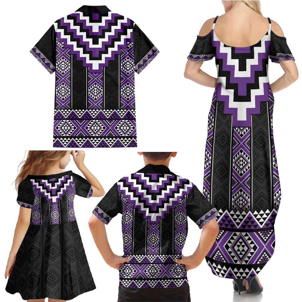 Purple Taniko Pattern Aotearoa Family Matching Summer Maxi Dress and Hawaiian Shirt Niho Taniwha Mix Poutama LT14 - Polynesian Pride