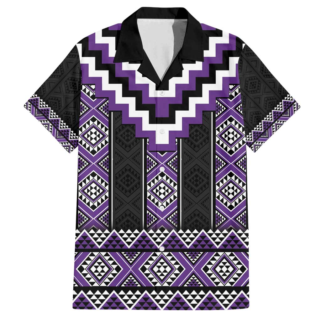Purple Taniko Pattern Aotearoa Family Matching Summer Maxi Dress and Hawaiian Shirt Niho Taniwha Mix Poutama LT14 Dad's Shirt - Short Sleeve Purple - Polynesian Pride