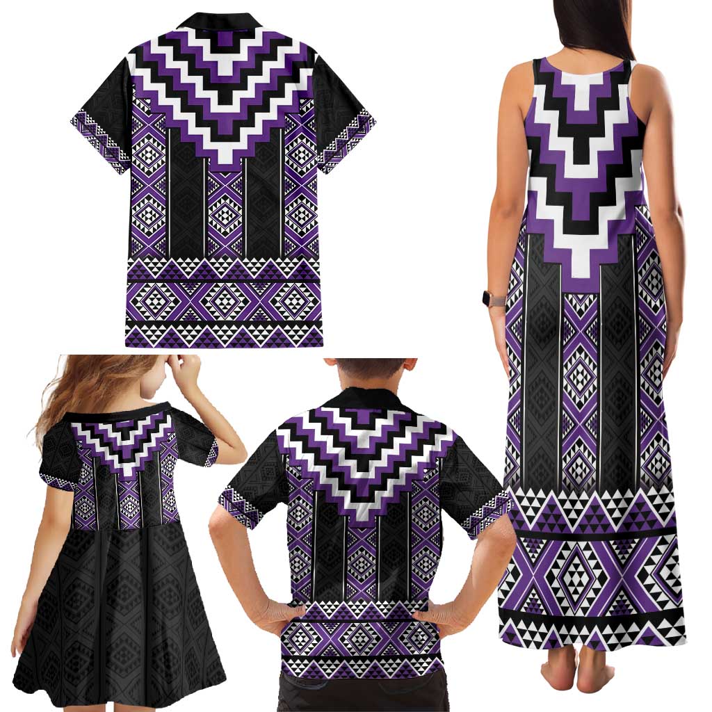 Purple Taniko Pattern Aotearoa Family Matching Tank Maxi Dress and Hawaiian Shirt Niho Taniwha Mix Poutama LT14 - Polynesian Pride