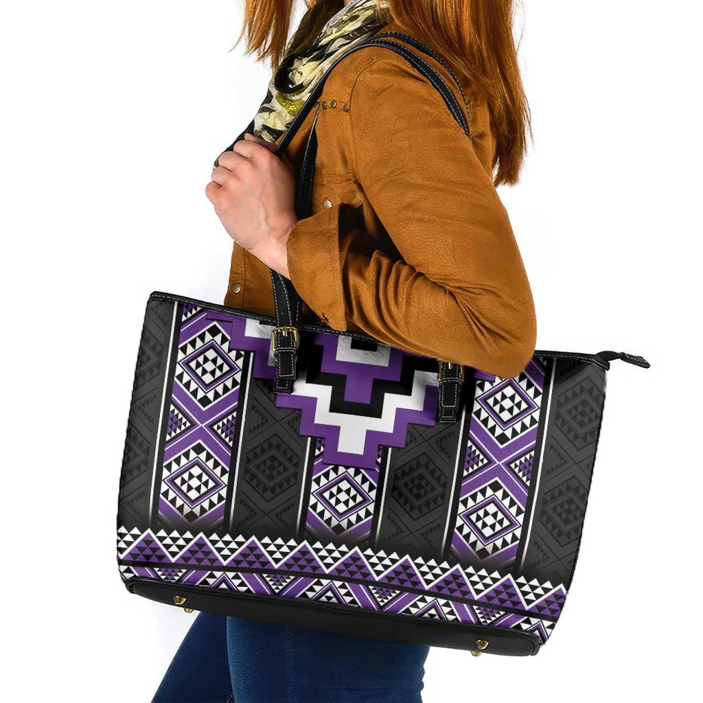 Purple Taniko Pattern Aotearoa Leather Tote Bag Niho Taniwha Mix Poutama LT14 Purple - Polynesian Pride