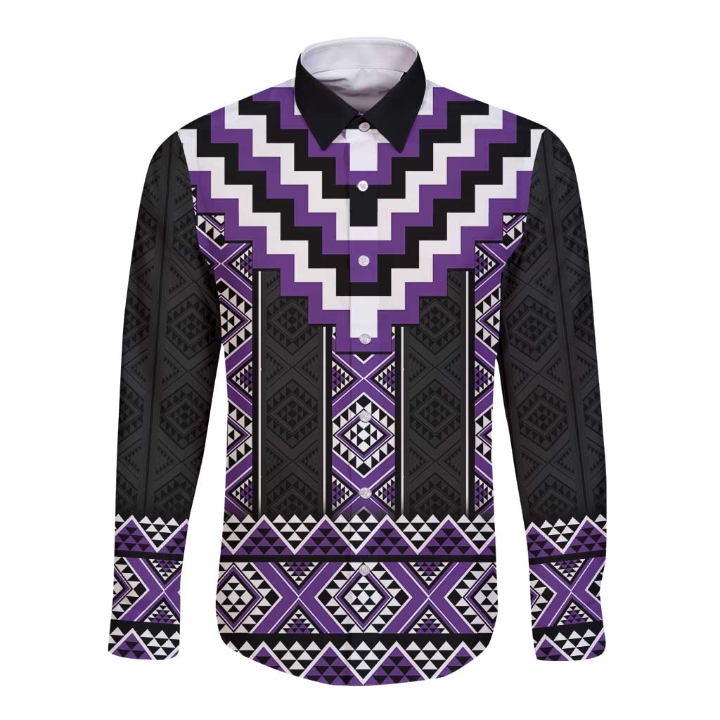 Purple Taniko Pattern Aotearoa Long Sleeve Button Shirt Niho Taniwha Mix Poutama LT14 Unisex Purple - Polynesian Pride