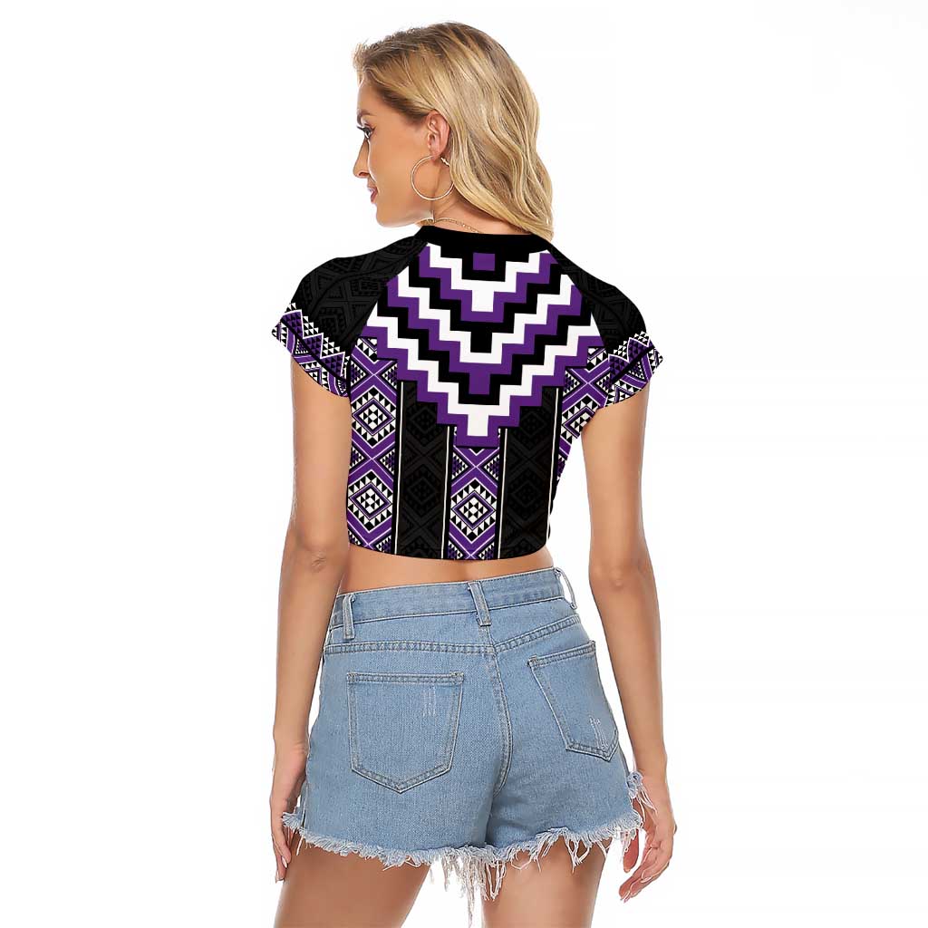 Purple Taniko Pattern Aotearoa Raglan Cropped T Shirt Niho Taniwha Mix Poutama LT14 - Polynesian Pride