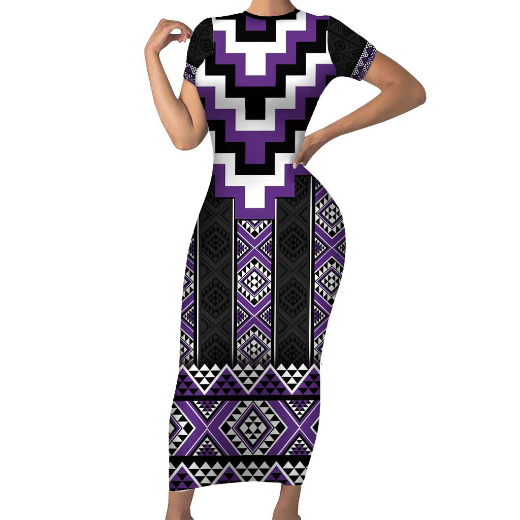 Purple Taniko Pattern Aotearoa Short Sleeve Bodycon Dress Niho Taniwha Mix Poutama LT14 Long Dress Purple - Polynesian Pride