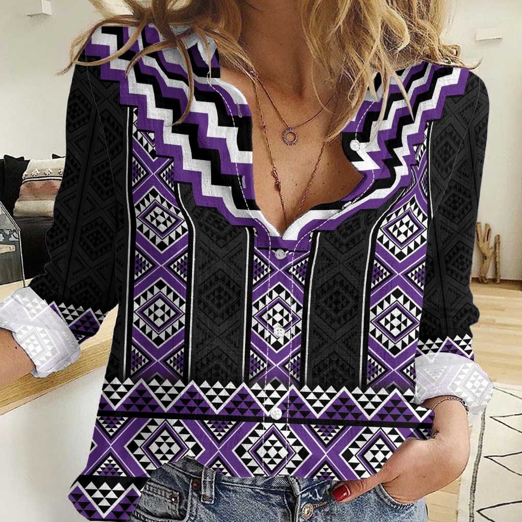 Purple Taniko Pattern Aotearoa Women Casual Shirt Niho Taniwha Mix Poutama LT14 Female Purple - Polynesian Pride