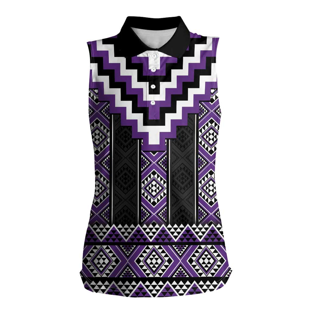 Purple Taniko Pattern Aotearoa Women Sleeveless Polo Shirt Niho Taniwha Mix Poutama LT14 Female Purple - Polynesian Pride