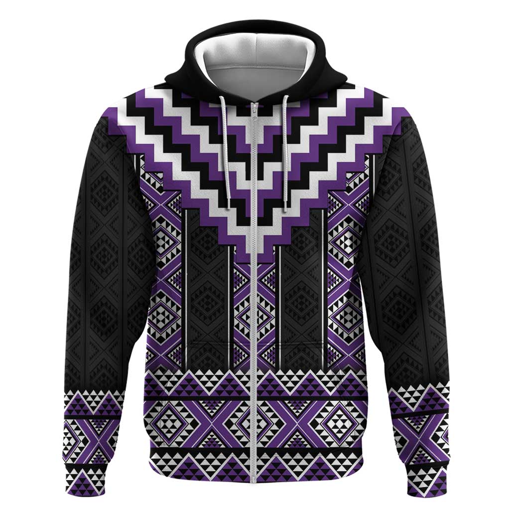 Purple Taniko Pattern Aotearoa Zip Hoodie Niho Taniwha Mix Poutama LT14 Zip Hoodie Purple - Polynesian Pride