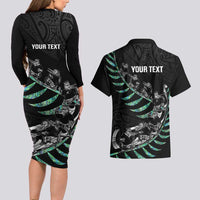 Custom New Zealand Silver Fern Rugby Couples Matching Long Sleeve Bodycon Dress and Hawaiian Shirt Aotearoa Kiwi Maori Pattern LT14 - Polynesian Pride