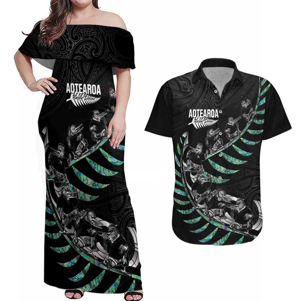 Custom New Zealand Silver Fern Rugby Couples Matching Off Shoulder Maxi Dress and Hawaiian Shirt Aotearoa Kiwi Maori Pattern LT14 Black - Polynesian Pride