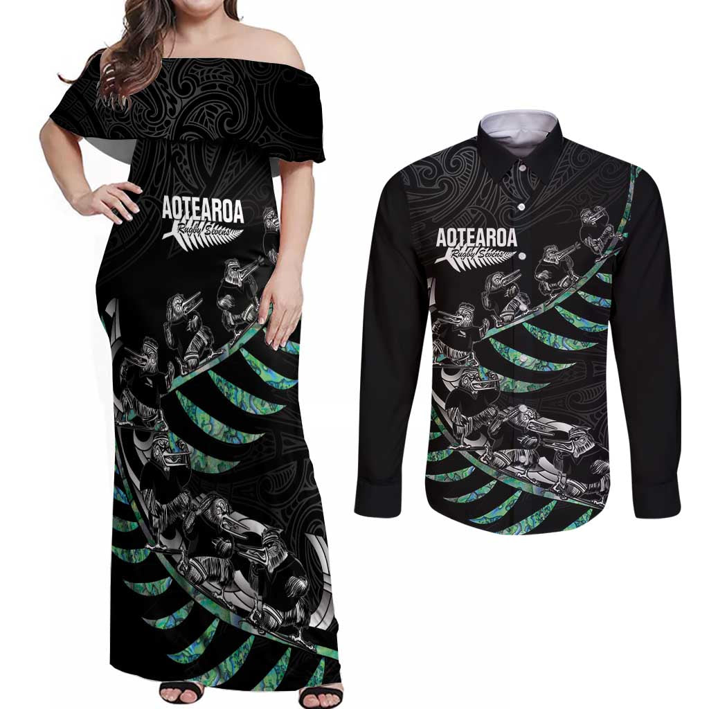 Custom New Zealand Silver Fern Rugby Couples Matching Off Shoulder Maxi Dress and Long Sleeve Button Shirt Aotearoa Kiwi Maori Pattern LT14 Black - Polynesian Pride