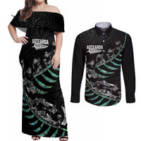 Custom New Zealand Silver Fern Rugby Couples Matching Off Shoulder Maxi Dress and Long Sleeve Button Shirt Aotearoa Kiwi Maori Pattern LT14 Black - Polynesian Pride