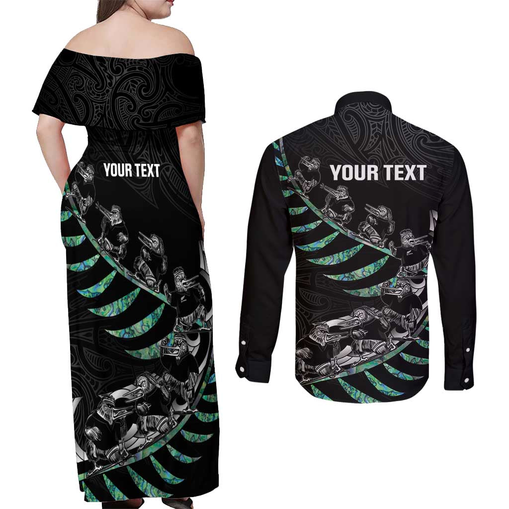 Custom New Zealand Silver Fern Rugby Couples Matching Off Shoulder Maxi Dress and Long Sleeve Button Shirt Aotearoa Kiwi Maori Pattern LT14 - Polynesian Pride