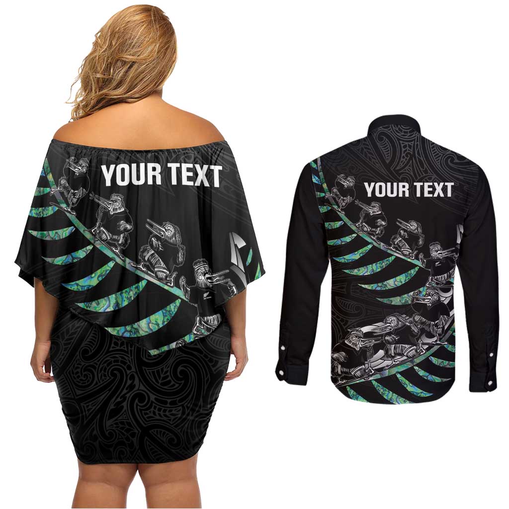 Custom New Zealand Silver Fern Rugby Couples Matching Off Shoulder Short Dress and Long Sleeve Button Shirt Aotearoa Kiwi Maori Pattern LT14 - Polynesian Pride
