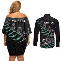 Custom New Zealand Silver Fern Rugby Couples Matching Off Shoulder Short Dress and Long Sleeve Button Shirt Aotearoa Kiwi Maori Pattern LT14 - Polynesian Pride