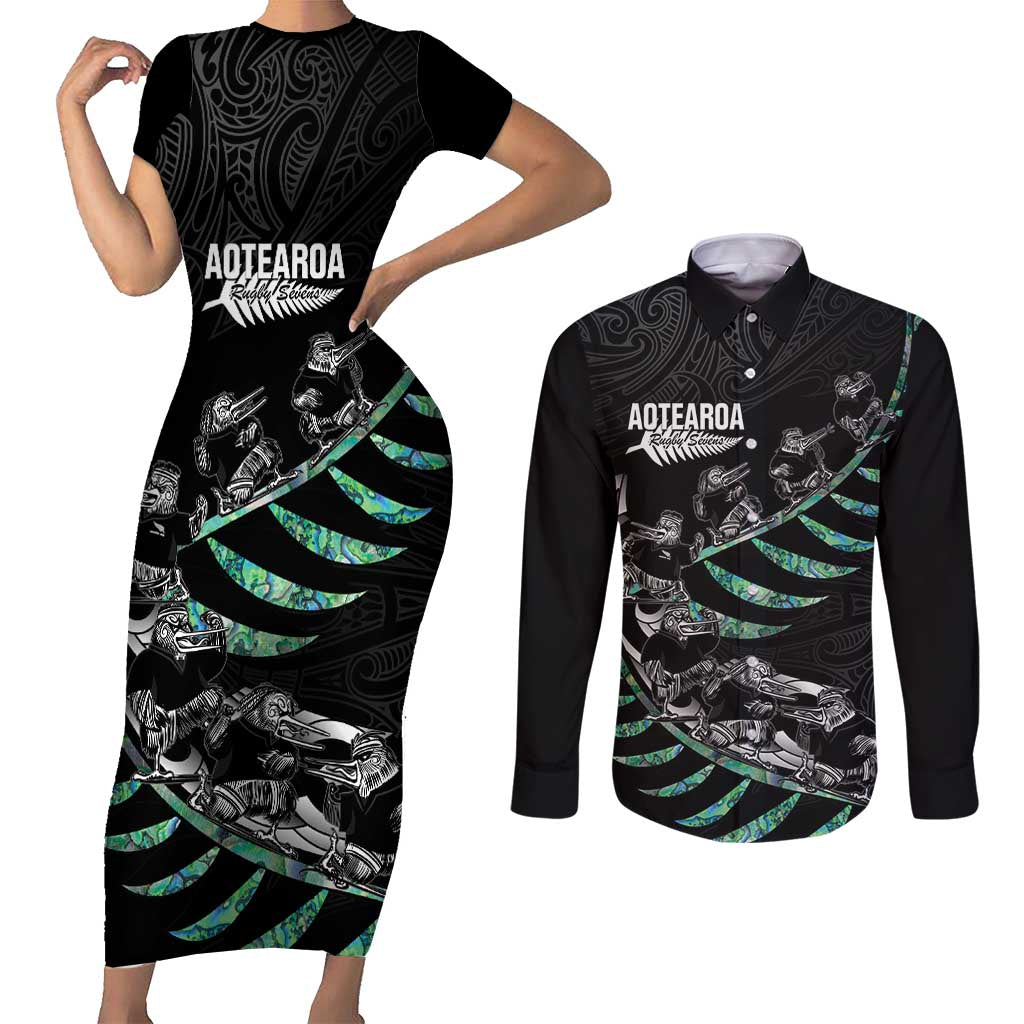 Custom New Zealand Silver Fern Rugby Couples Matching Short Sleeve Bodycon Dress and Long Sleeve Button Shirt Aotearoa Kiwi Maori Pattern LT14 Black - Polynesian Pride