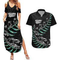 Custom New Zealand Silver Fern Rugby Couples Matching Summer Maxi Dress and Hawaiian Shirt Aotearoa Kiwi Maori Pattern LT14 Black - Polynesian Pride