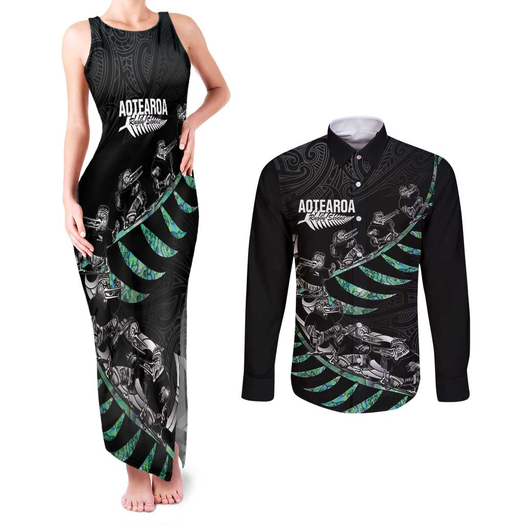 Custom New Zealand Silver Fern Rugby Couples Matching Tank Maxi Dress and Long Sleeve Button Shirt Aotearoa Kiwi Maori Pattern LT14 Black - Polynesian Pride