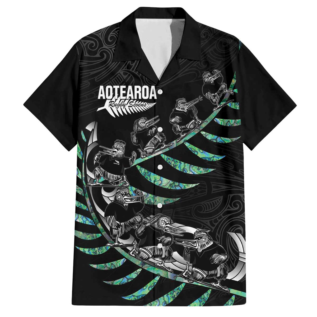 Custom New Zealand Silver Fern Rugby Family Matching Off The Shoulder Long Sleeve Dress and Hawaiian Shirt Aotearoa Kiwi Maori Pattern LT14 Dad's Shirt - Short Sleeve Black - Polynesian Pride