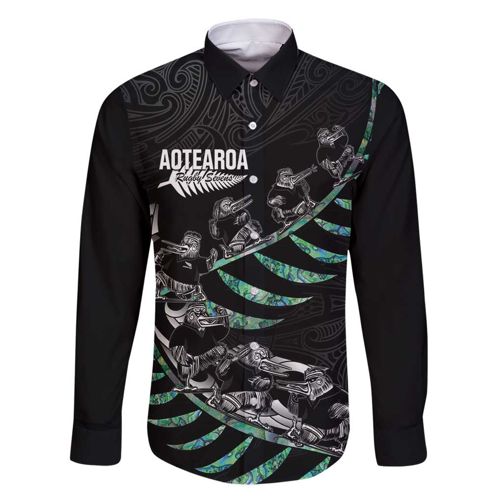 Custom New Zealand Silver Fern Rugby Family Matching Off Shoulder Maxi Dress and Hawaiian Shirt Aotearoa Kiwi Maori Pattern LT14 Dad's Shirt - Long Sleeve Black - Polynesian Pride