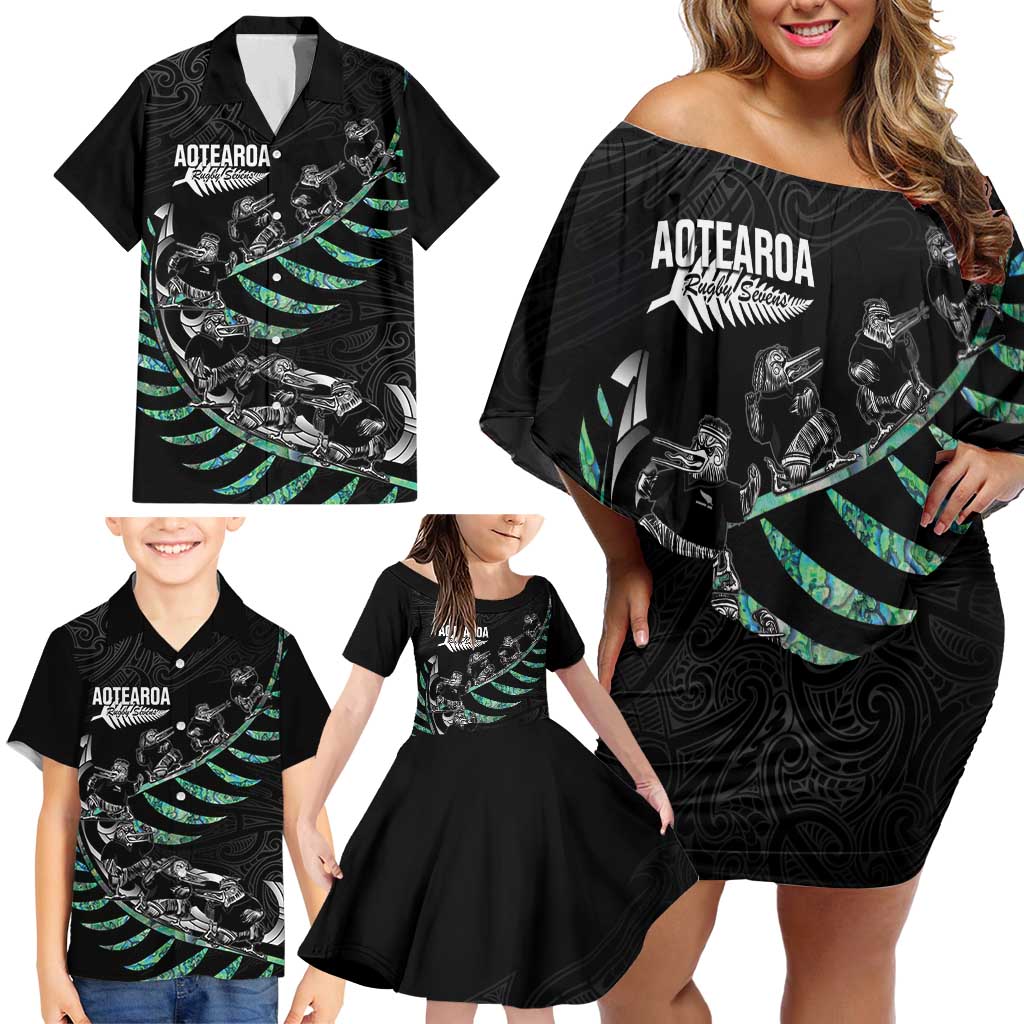 Custom New Zealand Silver Fern Rugby Family Matching Off Shoulder Short Dress and Hawaiian Shirt Aotearoa Kiwi Maori Pattern LT14 - Polynesian Pride