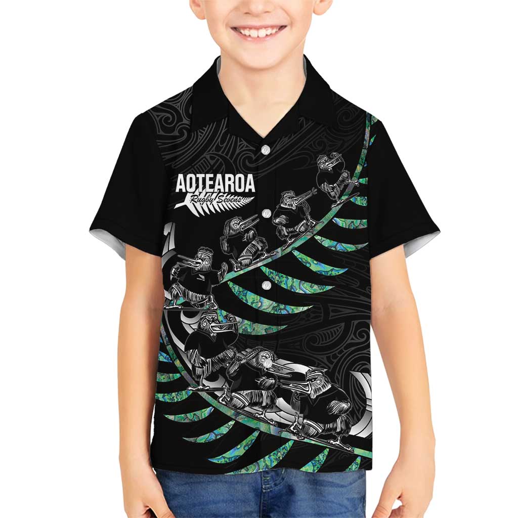 Custom New Zealand Silver Fern Rugby Family Matching Off Shoulder Short Dress and Hawaiian Shirt Aotearoa Kiwi Maori Pattern LT14 Son's Shirt Black - Polynesian Pride