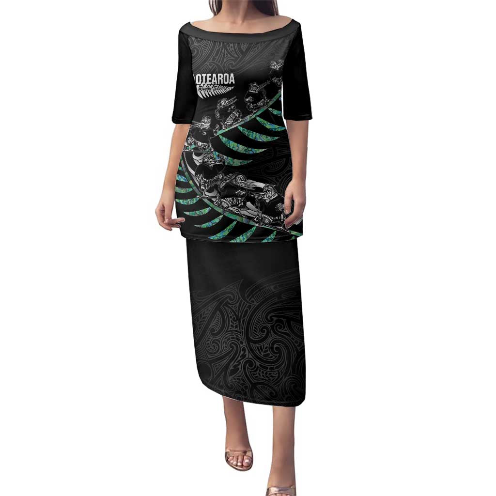 Custom New Zealand Silver Fern Rugby Family Matching Puletasi and Hawaiian Shirt Aotearoa Kiwi Maori Pattern LT14 Mom's Dress Black - Polynesian Pride