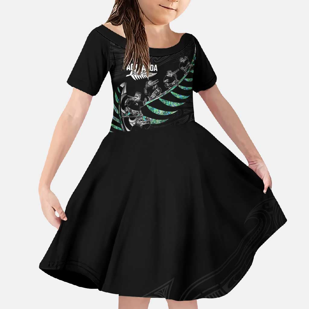 Custom New Zealand Silver Fern Rugby Family Matching Short Sleeve Bodycon Dress and Hawaiian Shirt Aotearoa Kiwi Maori Pattern LT14 Daughter's Dress Black - Polynesian Pride