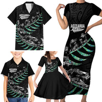 Custom New Zealand Silver Fern Rugby Family Matching Short Sleeve Bodycon Dress and Hawaiian Shirt Aotearoa Kiwi Maori Pattern LT14 - Polynesian Pride