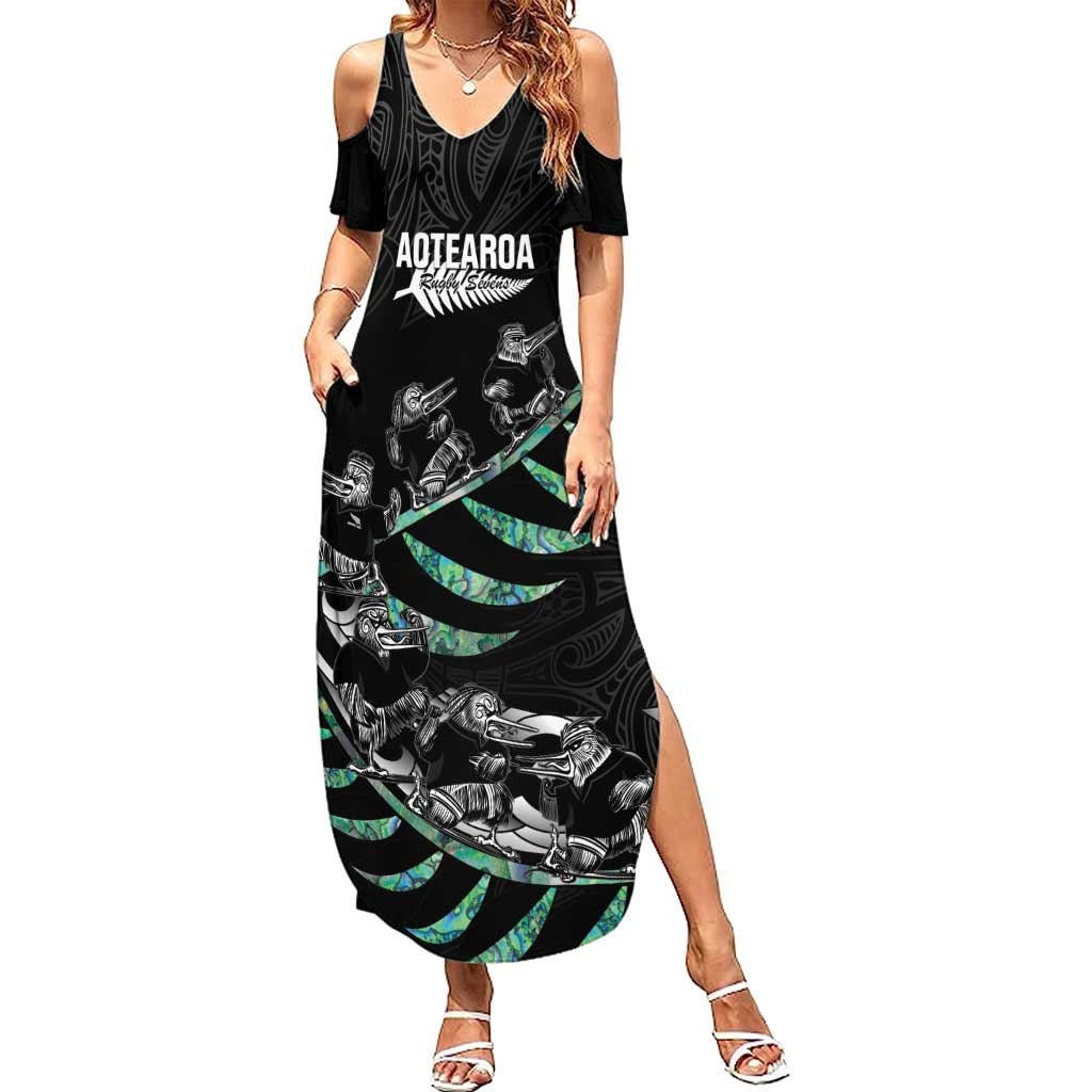 Custom New Zealand Silver Fern Rugby Family Matching Summer Maxi Dress and Hawaiian Shirt Aotearoa Kiwi Maori Pattern LT14 Mom's Dress Black - Polynesian Pride