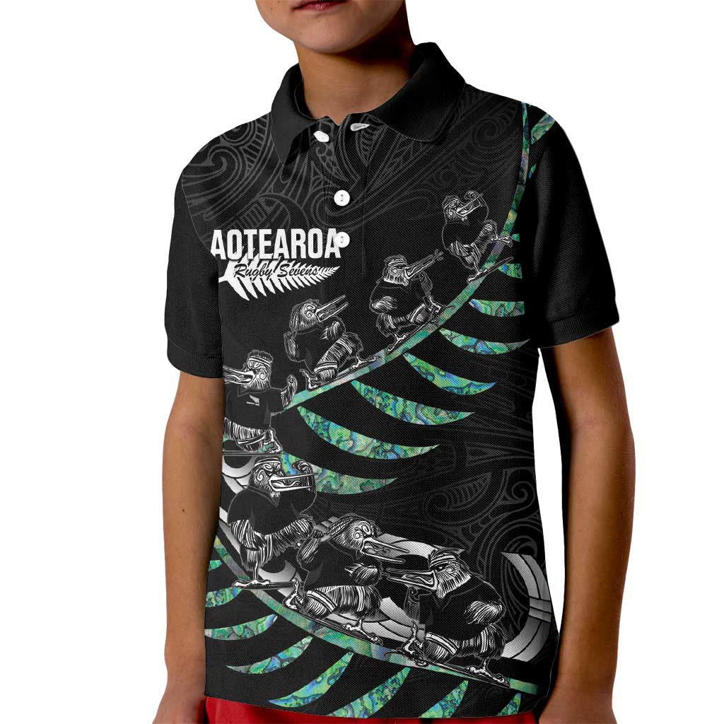 Custom New Zealand Silver Fern Rugby Kid Polo Shirt Aotearoa Kiwi Maori Pattern LT14 Kid Black - Polynesian Pride