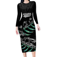 Custom New Zealand Silver Fern Rugby Long Sleeve Bodycon Dress Aotearoa Kiwi Maori Pattern LT14 Long Dress Black - Polynesian Pride