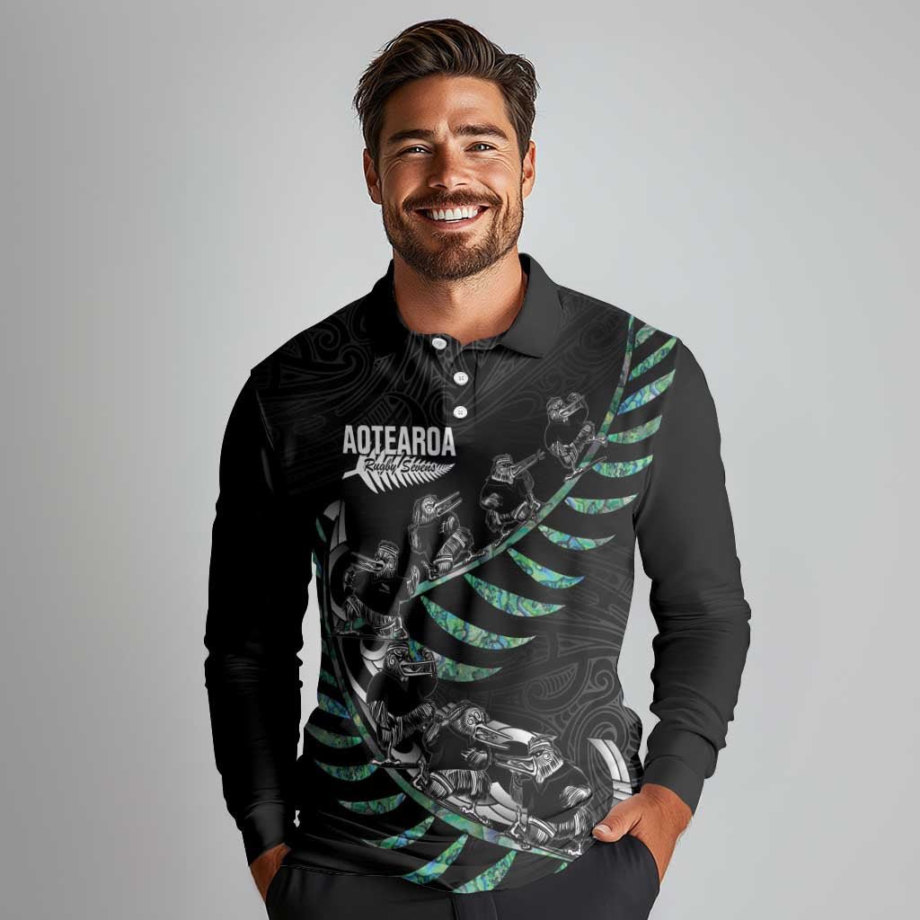 Custom New Zealand Silver Fern Rugby Long Sleeve Polo Shirt Aotearoa Kiwi Maori Pattern LT14 - Polynesian Pride