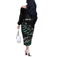 Custom New Zealand Silver Fern Rugby Off The Shoulder Long Sleeve Dress Aotearoa Kiwi Maori Pattern LT14 - Polynesian Pride