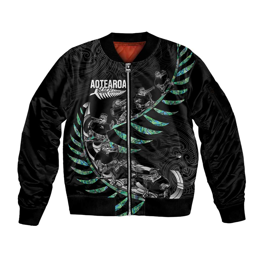 Custom New Zealand Silver Fern Rugby Sleeve Zip Bomber Jacket Aotearoa Kiwi Maori Pattern LT14 Unisex Black - Polynesian Pride