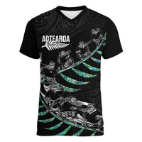 Custom New Zealand Silver Fern Rugby Women V-Neck T-Shirt Aotearoa Kiwi Maori Pattern LT14 Female Black - Polynesian Pride