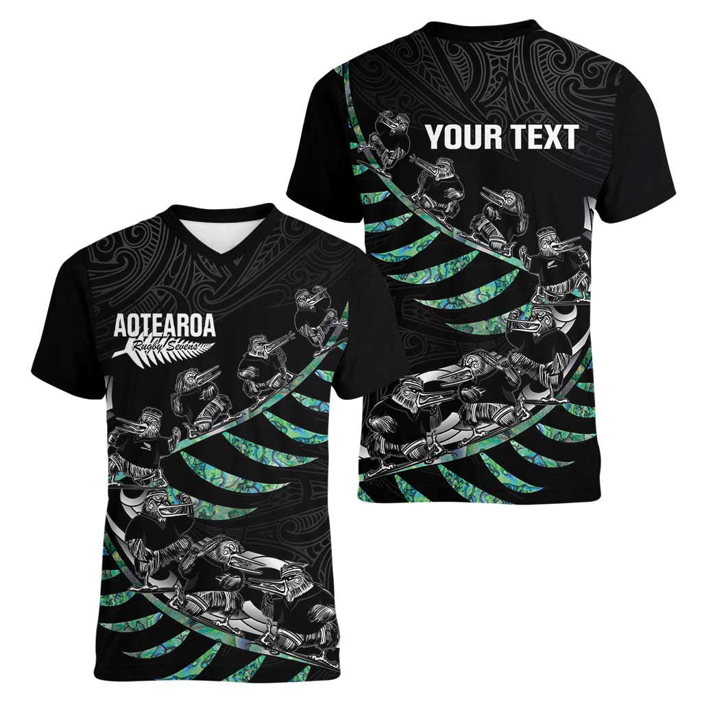 Custom New Zealand Silver Fern Rugby Women V-Neck T-Shirt Aotearoa Kiwi Maori Pattern LT14 - Polynesian Pride