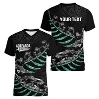 Custom New Zealand Silver Fern Rugby Women V-Neck T-Shirt Aotearoa Kiwi Maori Pattern LT14 - Polynesian Pride