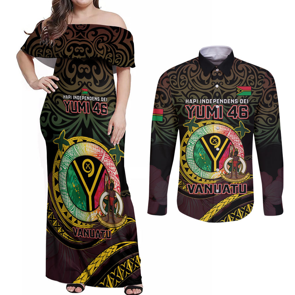 Personalised Vanuatu Couples Matching Off Shoulder Maxi Dress and Long Sleeve Button Shirt Yumi 46th Hapi Independens Dei - Black Version LT14 Black - Polynesian Pride