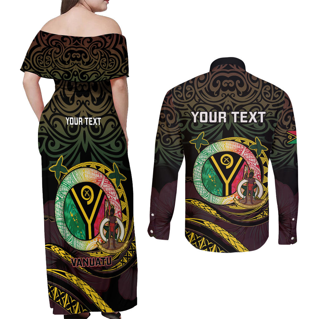 Personalised Vanuatu Couples Matching Off Shoulder Maxi Dress and Long Sleeve Button Shirt Yumi 46th Hapi Independens Dei - Black Version LT14 - Polynesian Pride