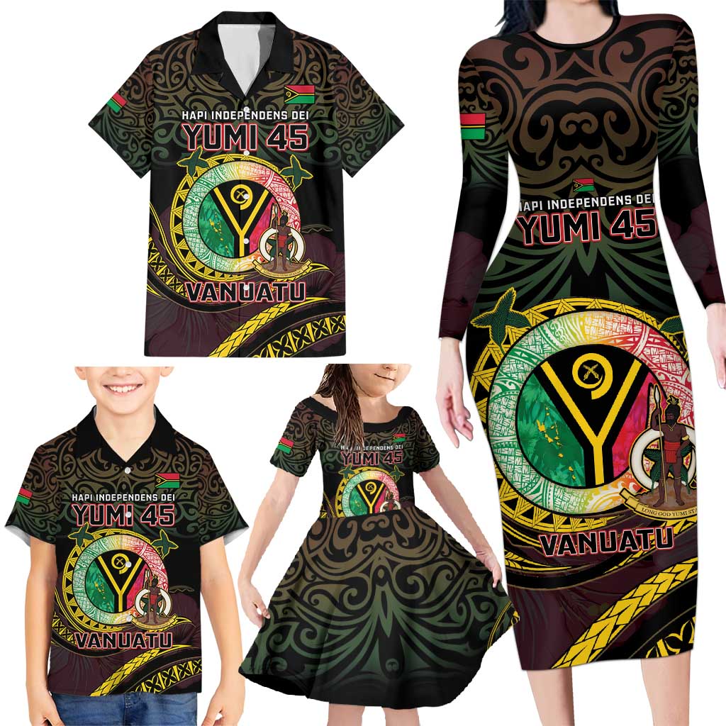 Personalised Vanuatu Family Matching Long Sleeve Bodycon Dress and Hawaiian Shirt Yumi 45th Hapi Independens Dei - Black Version LT14 - Polynesian Pride