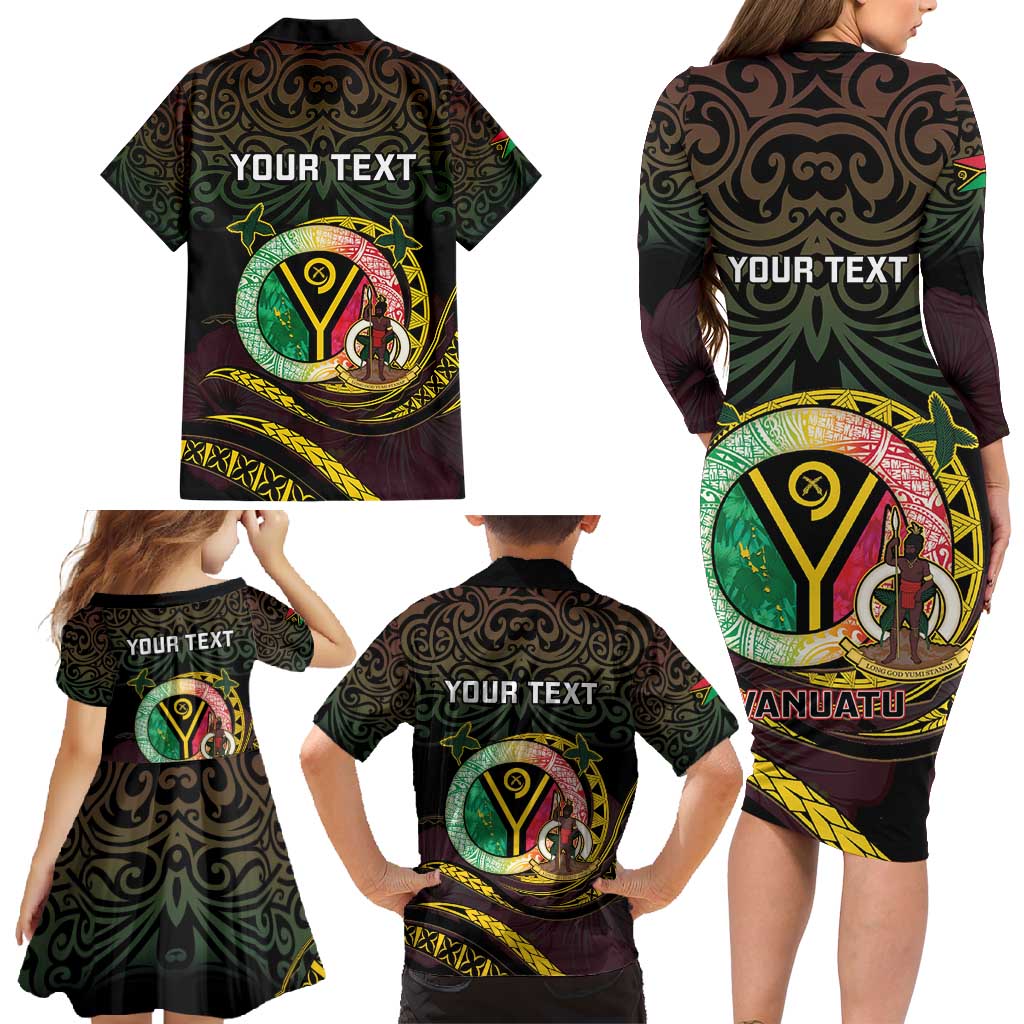 Personalised Vanuatu Family Matching Long Sleeve Bodycon Dress and Hawaiian Shirt Yumi 45th Hapi Independens Dei - Black Version LT14 - Polynesian Pride