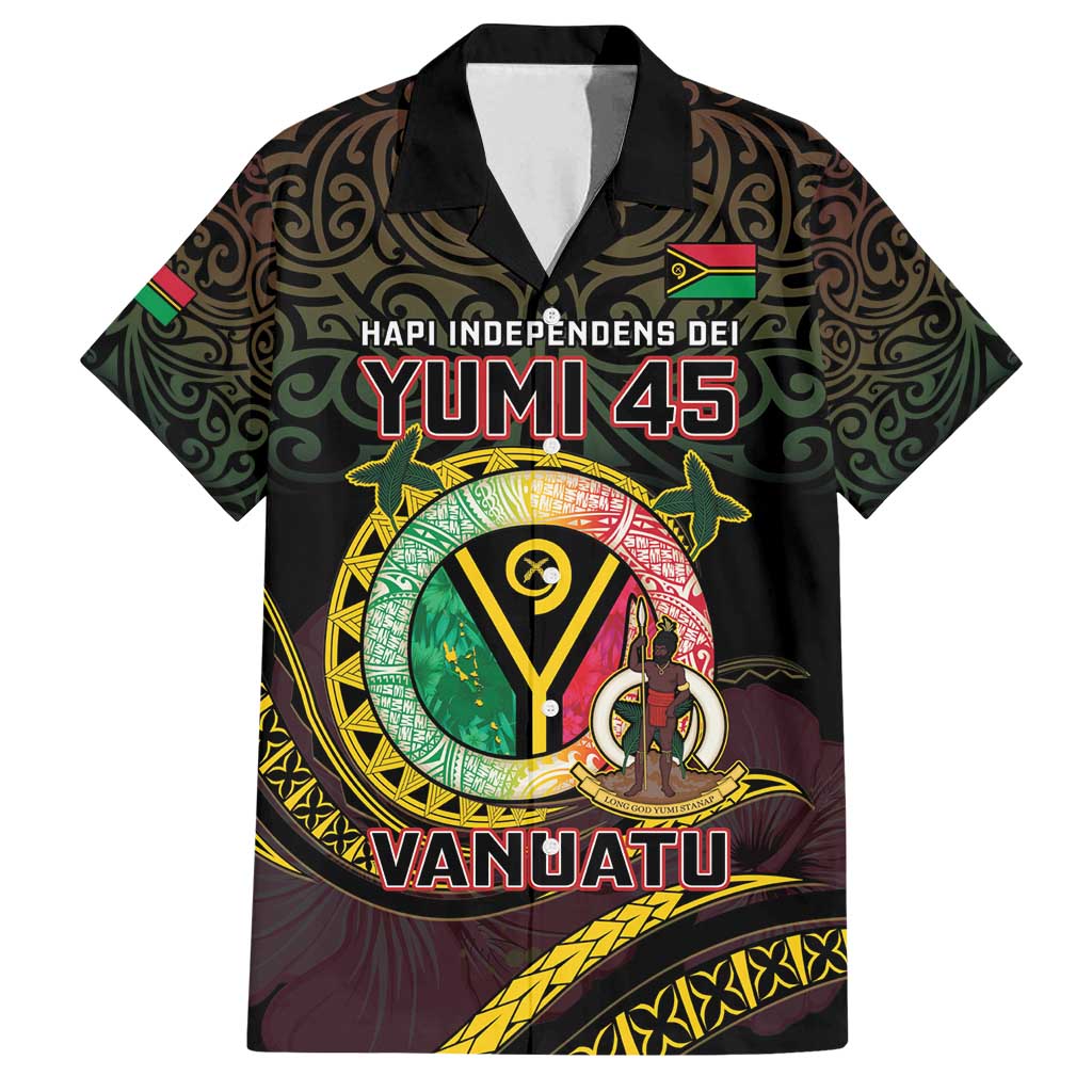 Personalised Vanuatu Family Matching Long Sleeve Bodycon Dress and Hawaiian Shirt Yumi 45th Hapi Independens Dei - Black Version LT14 Dad's Shirt - Short Sleeve Black - Polynesian Pride
