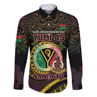 Personalised Vanuatu Family Matching Long Sleeve Bodycon Dress and Hawaiian Shirt Yumi 45th Hapi Independens Dei - Black Version LT14 Dad's Shirt - Long Sleeve Black - Polynesian Pride